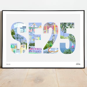May include: A watercolour illustration of the London postcode SE25, with buildings and landmarks forming the numbers. The illustration is in a light blue frame.