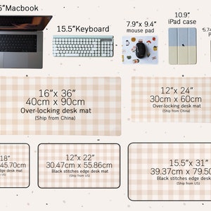 May include: A set of five desk mats in various sizes, with a checkered pattern in beige and white. The mats are labeled with their dimensions in inches and centimeters. The mats are designed for use with a laptop, keyboard, mouse, iPad, and phone.