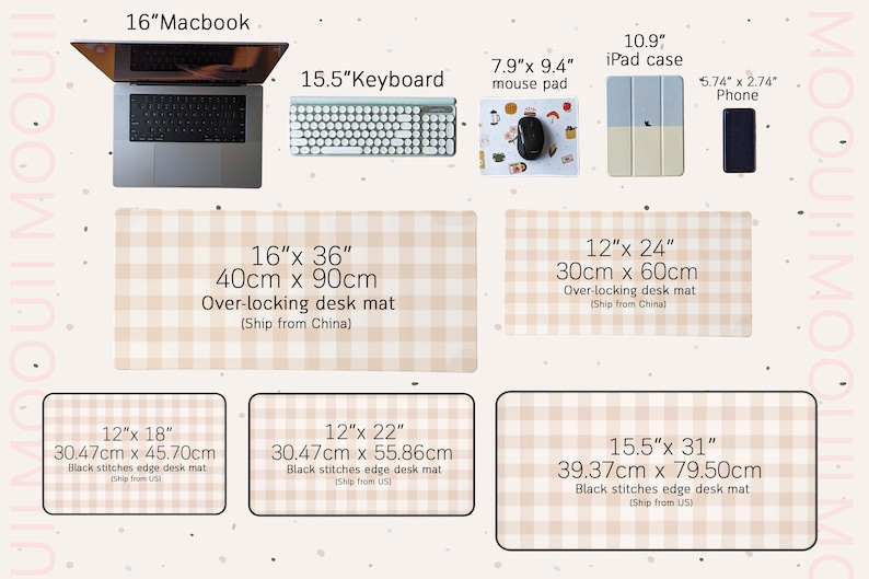 May include: A set of five desk mats in various sizes, with a checkered pattern in beige and white. The mats are labeled with their dimensions in inches and centimeters. The mats are designed for use with a laptop, keyboard, mouse, iPad, and phone.