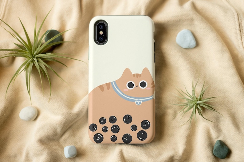Funda para iPhone con diseño de gato de té de burbujas / Bonita funda para teléfono imagen 1