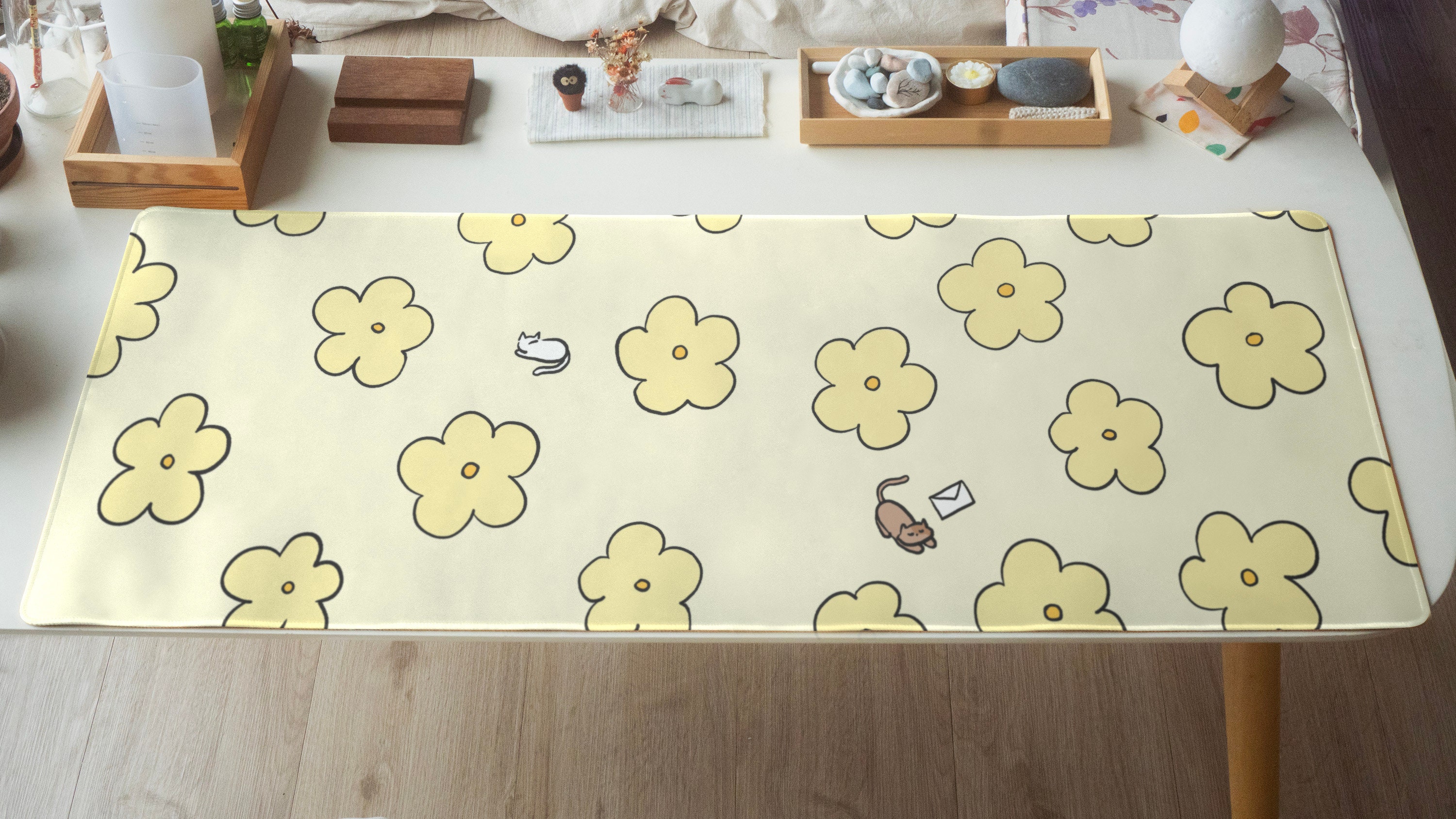 Cute Flower Desk Mat, Cat Desk Mat, Kawaii Desk Mat, Desk Mat Aesthetic, Desk Mat Cute, Flower Desk Mat, Yellow Desk Mat