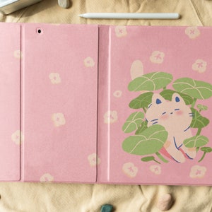 Cute Cat iPad Case, Kawaii Book Stand Cover With Pen Slot