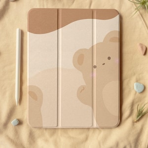 Cute Bear Say Hi Foldable Flip iPad Case With Pen slot, Flip iPad 10.2"/10.9in/11in, iPad Air 4, iPad Pro 2022/2021, iPad 2020/2019/2018