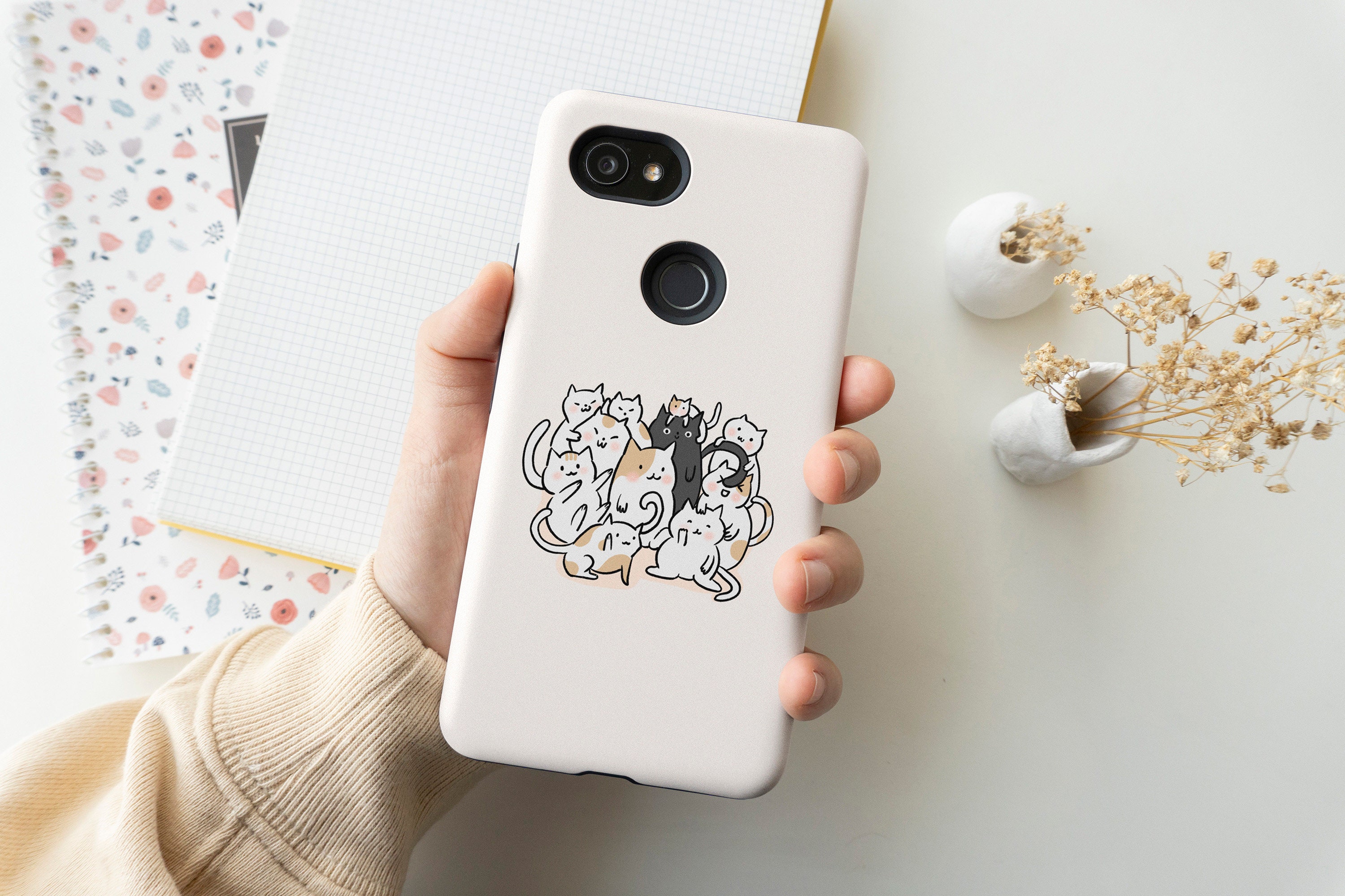 ANDROID - Google Pixel5 と CATSカバー付き。 Kawaii Cute Cats Aesthetic Phone Case Google Pixel 5 4 3A