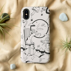 iPhone 14 Case Cute Retro Doodle, Cat Illustration Phone Cover, Beautiful Black Phone Case For iPhone 13 12 11 Pro Max XR XS Max 8 7 Plus