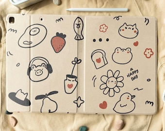 Funda para iPad con diseño de doodle y ranura para bolígrafo para iPad de 10,2, 10,9 y 11 pulgadas, estilo kawaii para iPad Air 4, iPad Pro 2021 y iPad 2020/2019/2018