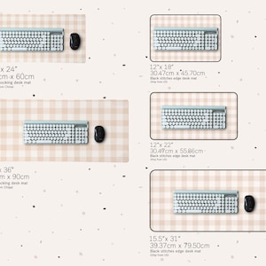 May include: A set of five different sized desk mats with a light brown and white checkered pattern. Each mat features a blue and white keyboard and a mouse. The mats are available in sizes ranging from 12 inches by 18 inches to 15.5 inches by 31 inches.