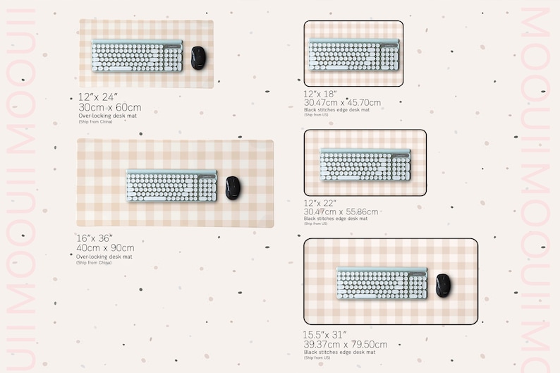 May include: A set of five different sized desk mats with a light brown and white checkered pattern. Each mat features a blue and white keyboard and a mouse. The mats are available in sizes ranging from 12 inches by 18 inches to 15.5 inches by 31 inches.