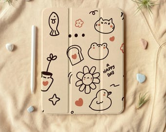 Kawaii Doodle Art Foldable iPad Case With Pen slot, Flip iPad 10.2"/10.9in/11in, iPad Air 4, iPad Pro 2022/2021, iPad 2020/2019/2018