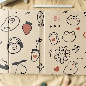 Doodle Art iPad Case With Pen Slot For Book Stand iPad 10.2&quot;/10.9in/11in, Kawaii Cute iPad Air 4, iPad Pro 2021, iPad 2020/2019/2018