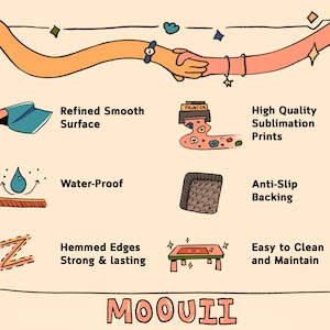 May include: Illustration of a table with features like a refined smooth surface, water-proof, hemmed edges, anti-slip backing, high quality sublimation prints, and easy to clean and maintain. The text "MOOUII" is at the bottom of the image.