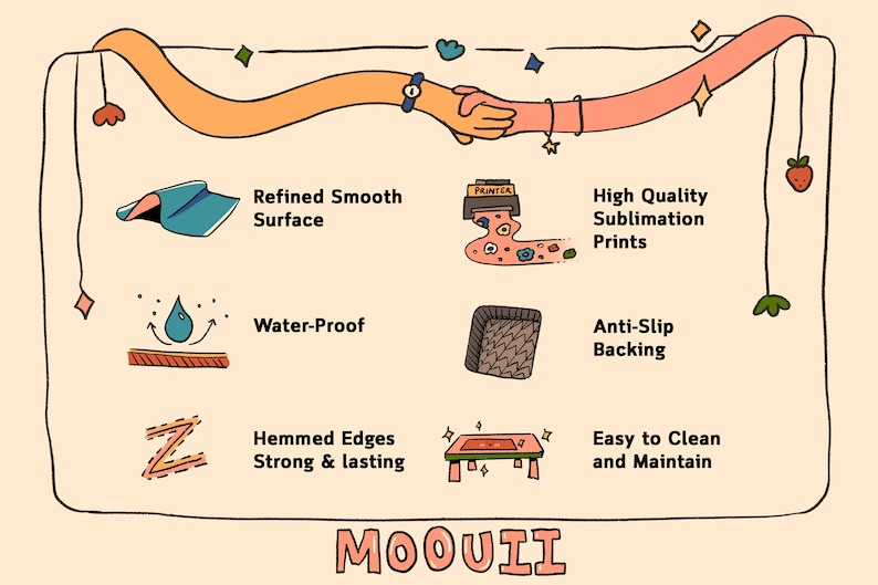 May include: Illustration of a table with features like a refined smooth surface, water-proof, hemmed edges, anti-slip backing, high quality sublimation prints, and easy to clean and maintain. The text "MOOUII" is at the bottom of the image.