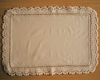 Handmade Linen Doily with Crochet Lace Border | Rectangular Table Mat – Vintage Cottage Style