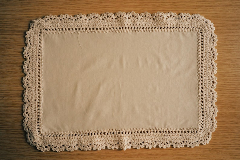 Handmade Linen Doily with Crochet Lace Border | Rectangular Table Mat – Vintage Cottage Style