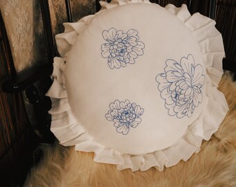 Round Ruffled Pillow Cover – White Cotton with Blue Floral Embroidery – Cottagecore Accent Pillow