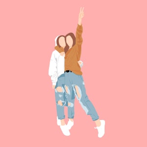 May include: Two people are standing close together, one with their arm around the other. The person on the left is wearing a white hoodie and blue jeans. The person on the right is wearing a brown sweater and blue jeans. They are both smiling and looking at the camera.