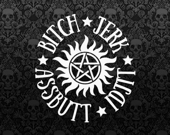 May include: White graphic design on a black background. The design features a sunburst with a pentagram in the center, surrounded by the words "Bitch Jerk Assbutt Idjit" and stars. The background has a repeating pattern of skulls and floral designs.