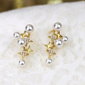Gold Plated Star Pearl CZ Earrings Star Pearl Earrings Women Gift