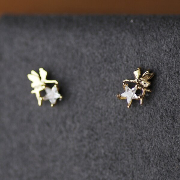 Fairy Stud Earrings 925 Sterling Silver CZ Tiny Fairy Earrings Fairy Jewelry Gift for Girls