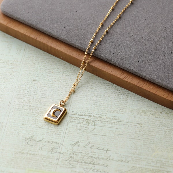18k Gold Plated Moon Necklace Square Pendant Necklace Celestial Jewelry Dainty Necklace Gift for Her Waterproof Necklace