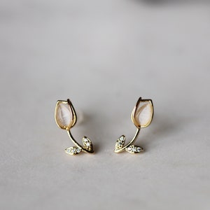 14K Gold Plated Tulip Opel CZ Earrings s925 Silver Post Tulip Earrings for Women Handmade Gift for Her