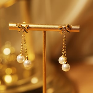 18k Gold Plated Japanese Akoya Pearls Bow Tassel Earrings Vintage Long Tassel Baroque Freshwater Natural Pearl Earrings Women Gift