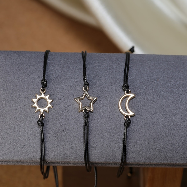 Best Friend Bracelet 3 Pcs Set Creative Alloy Sun Moon and Star Woven Bracelet Jewelry