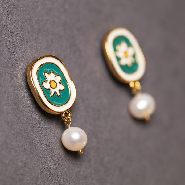 Gold Plated Enamel Earrings Freshwater Pearl Drop Earrings Flower Earrings Pearl Earrings for Women