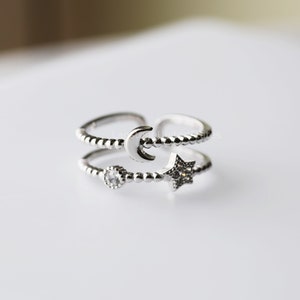 S925 Silver Double Design CZ Moon and Star Adjustable Ring Crescent Ring Moon Ring Stars Ring Multi Layer Ring Gift for Her