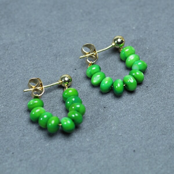 Green Beads Huggie Hoop Earrings Emerald Green Beaded Hoop Earrings Birthstone Earrings Gemstone Earrings Boho Hoop Earrings