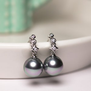 Dangle Gray Pearl Earrings CZ Pearl Gray 10mm Round Bridal Earrings Bridal Jewelry Bridesmaid Gift