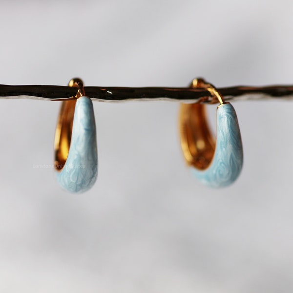 Gold Plated Enamel Huggie Hoop Earrings Dainty Hoops Enamel Earrings Baby Blue Huggie Earrings Gift for Her