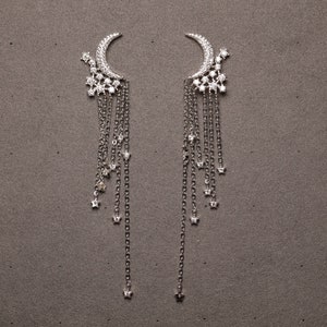 Silver Tassel Earrings Moon and Star Tassel Earrings CZ Dangle Earrings Crescent Dangle Earrings Celestial Earrings Perfect Gift