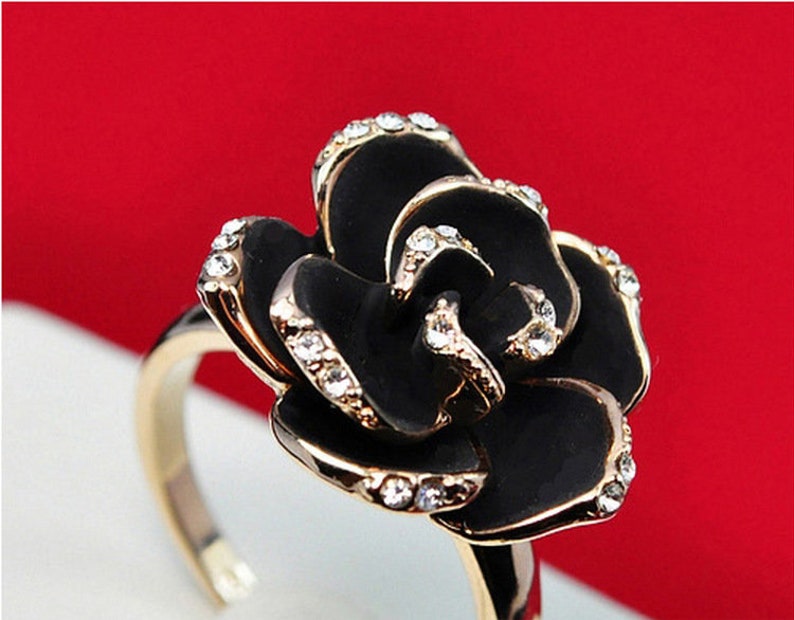 Black Rose Ring Rhinestone Adjustable Floral Opening Ring Etsy