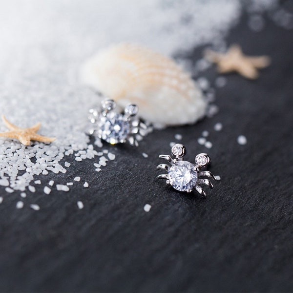 Crab Shaped Stud Earrings in Blue Zircon Alloy With Center Gem 1.5 cm by 0.8 cm