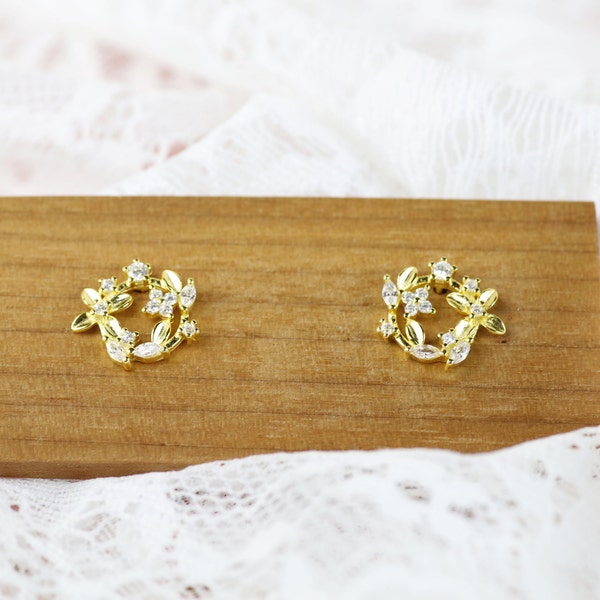 Gold Plated Wreath Earrings Orchid and Leaf CZ Earrings s925 Silver Flower lovely Earrings for Women Handmade Gift for Her
