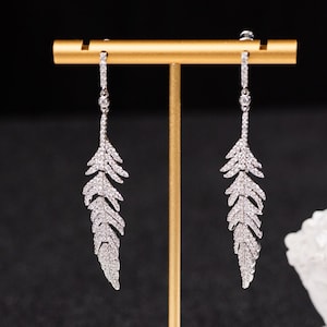 Rhinestone Feather Earrings 925 Sterling Silver Dangle Earrings Long Leaf Shape CZ Earrings Wedding Jewelry Gift For Her