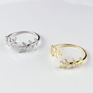 Gold Plated S925 Silver CZ Leaf Adjustable Ring Cubic Zirconia Leaf Opening Rings for Women