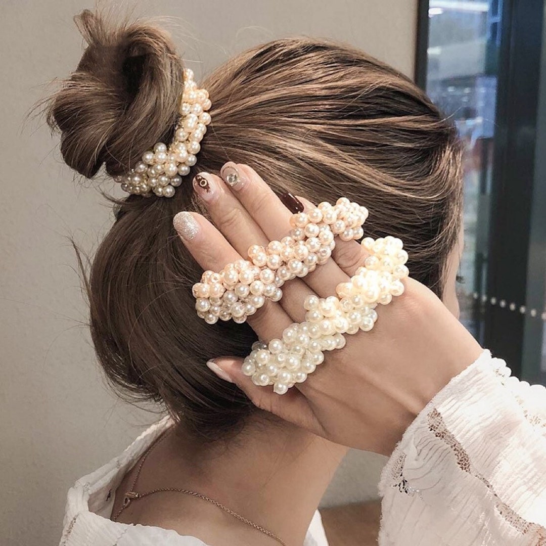 White Pearl Like Beads Hair Tie Ponytail Holders Elastic Tie Etsy