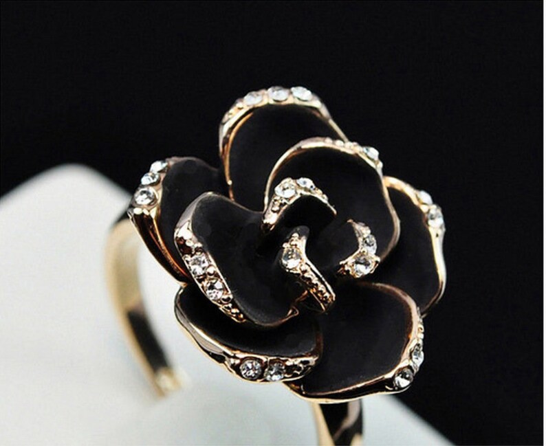 Black Rose Ring Rhinestone Adjustable Floral Opening Ring Etsy