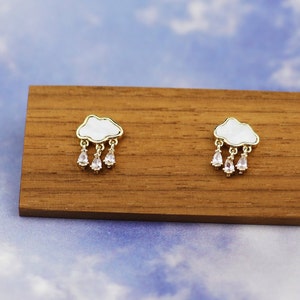 Raindrop Earrings Natural Shell Cloud Earrings Water Drops Earrings CZ Dangle Rain Earrings Dainty Earrings Everyday Earrings