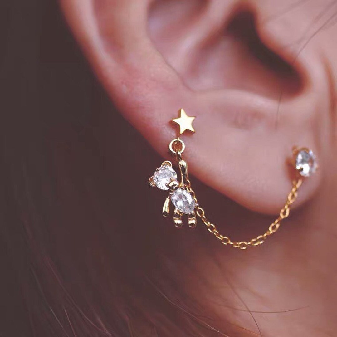 Double Piercing Earrings Sterling Silver Baby Bear Earrings - Etsy