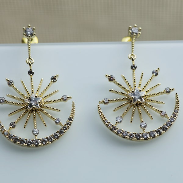 Star and Moon Earrings with Zirconia Sun Earrings Sparkly Dangling Stars Earrings Geometric Earrings