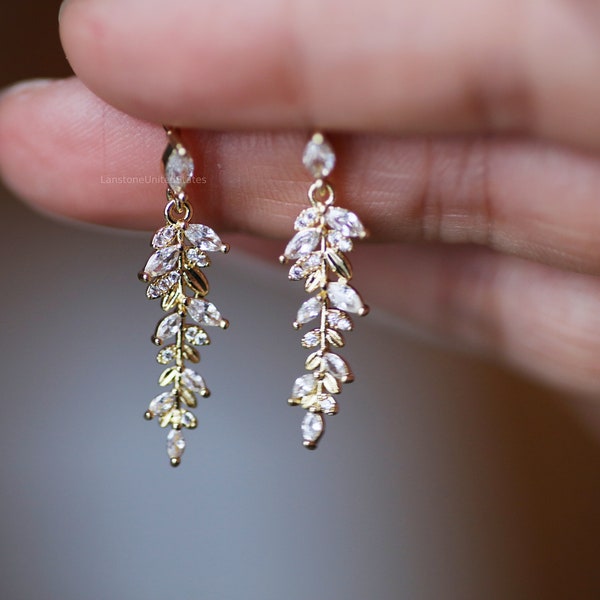 14k Gold Plated Leaf Earrings CZ Leaf Dangle Earrings Tree Branch Earrings Plant Earrings Plant Gifts