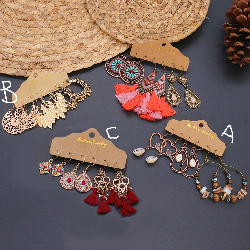 Boho Gypsy Earrings Tribal Ethnic Festival Tassel Ear Hook Drop Dangle Jewelry 3 Pair Set Earrings Hook