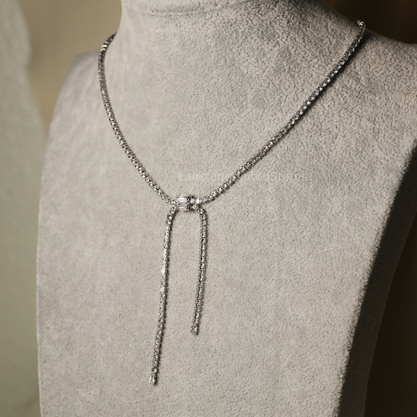 Sparkle Chain Necklace Bow Necklace Silver Necklace CZ Choker Necklace Gift for Her