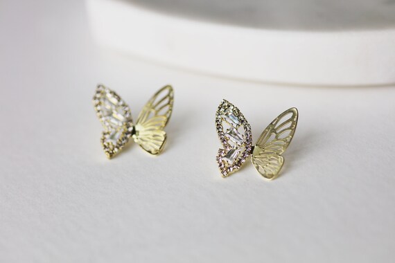 Sparkly Butterfly Stud Earrings Sterling Silver Gold Butterfly