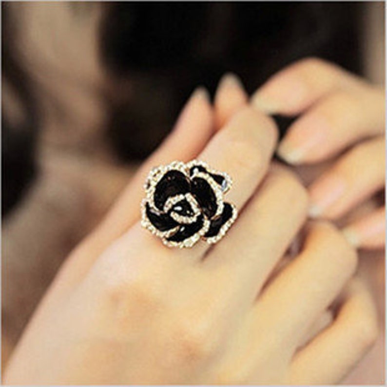 Black Rose Ring Rhinestone Adjustable Floral Opening Ring Etsy