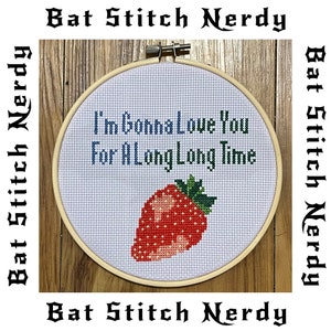 May include: A white embroidery hoop with a cross-stitch design of a red strawberry and the text "I'm gonna love you for a long long time".