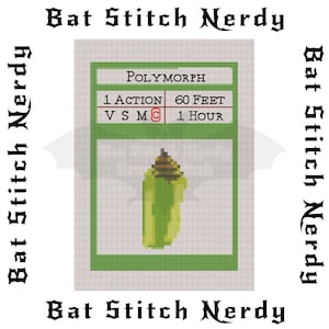 Puede incluir: Una crisálida verde y marrón con el texto "POLYMORPH", "1 ACTION", "VSMC", "60 FEET" y "1 HOUR" sobre un fondo blanco.